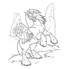 coloriage: Le cheval de Merida se tenait au bout avec la fille dans le siège, entouré de rochers.