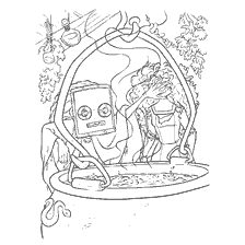 coloriage: Sorcière et robot font potion dans un pot
