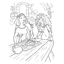coloriage: Merida et sa mère, se préparant à déguster des gâteaux
