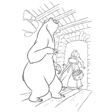 coloriage: Reine transformée en ours regarde la femme avec panier dans ses mains
