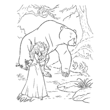 coloriage: Merida et l'ours marchent dans les bois