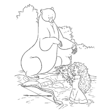 coloriage: Merida et l'ours sur le fond de la rivière