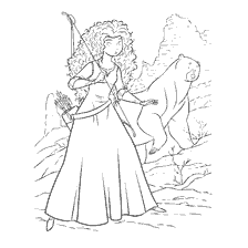 coloriage: Princesse Merida avec la Reine Ours au milieu des ruines
