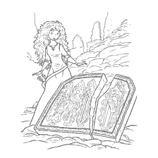 coloriage: Merida avec des sculptures de pierre mystérieuses dans un monde de contes de fées