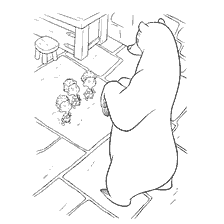 coloriage: Un ours et trois garçons dans une pièce tentaculaire
