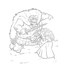 coloriage: Roi traine la princesse Merida avec des épées