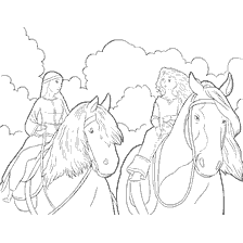 coloriage: Reine Eleanor et Princesse Merida à cheval dans les bois