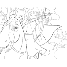 coloriage: Couleur Merida avec un arc dans ses mains sur le fond de la forêt et le château