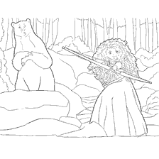 coloriage: Merida de Hrabro avec un cœur avec un arc et un ours sur le fond de la forêt