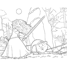 coloriage: Merida avec une épée sauve sa mère dans les bois