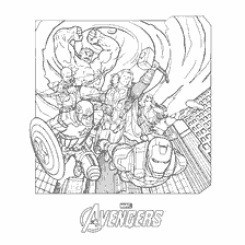 pagina da colorare: Colorare con gli eroi dei Vendicatori: Iron Man, Capitan America, Thor, Hulk e Black Widow.