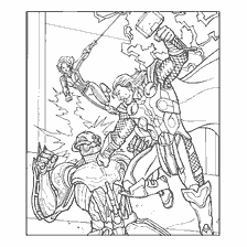 pagina da colorare: Vendicatori: Thor con Mjellnir, Ultron e Vedova Nera in battaglia