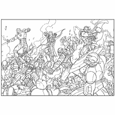 pagina da colorare: Vista dei combattenti Avengers contro l'esercito dei robot Ultron