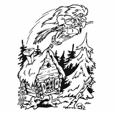 pagina da colorare: Baba Yaga vola su una scopa sopra una capanna