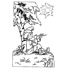 pagina da colorare: Illustrazione di Ivanushka il pazzo che gioca il flauto sotto un albero