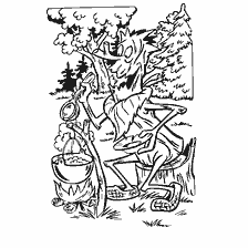 pagina da colorare: Leshy cuochi vicino al fuoco nella foresta