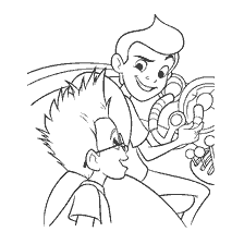 pagina da colorare: Lewis e Wilbur, personaggi di Visiting the Robinsons, scambiano idee sullo sfondo della tecnica del futuro