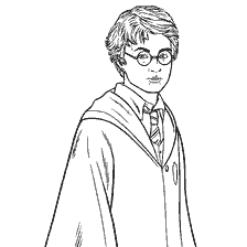 coloring page: Harry Potter in robes and glasses, ready for adventure