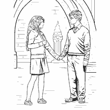 coloring page: Harry Potter and Halfumn Lovegood hold hands at Hogwarts