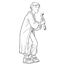coloring page: Ron Weasley, a character from Harry Potter, with a magic wand in his hand
