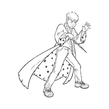 coloring page: Ron Weasley with a magic wand, dressed in a mantle with stars