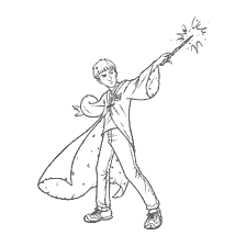coloring page: Harry Potter, a wizard with a wand preparing for a spell