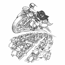 coloring page: Hagrid riding a motorcycle over the village