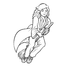 coloring page: Hermione Granger flies on a broomstick from Harry Potter