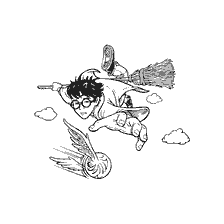 coloring page: Harry Potter flies on broomstick during Quidditch game