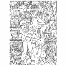 coloring page: Harry Potter at a magic wand store with Olivander
