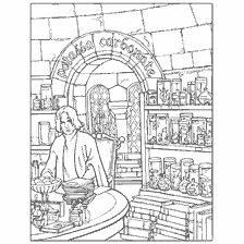 coloring page: Harry Potter Coloring: Severus Snegg in the Lab with Potions and Books
