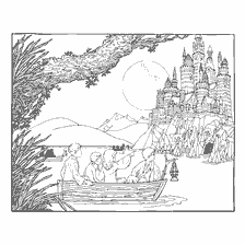 coloring page: Children swim to Hogwarts School of Magic by boat