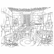 coloring page: Harry Potter in his pajamas tries on an invisible cloak in a room with chests and magical objects