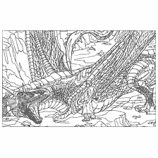 coloring page: Harry Potter stands in front of a dragon in a coloring book