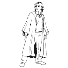 coloring page: Ron Weasley with a magic wand in his hand
