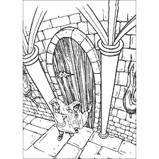 coloring page: Forbidden section in coloring style with two characters at the door