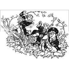 coloring page: Harry Potter and his friends are trying to get rid of the plants.