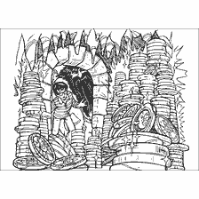 coloring page: Harry Potter stands among the coins in the wizarding world