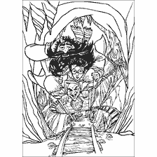 coloring page: Harry Potter, Ron and Hermione on a trolley in a bank