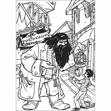coloring page: Hagrid passes the owl to Harry Potter