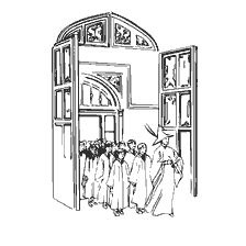 coloring page: A group of Hogwarts students enter a room with open doors