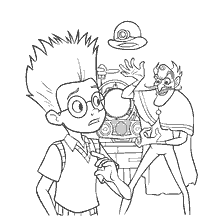 pagina da colorare: Momento dal cartone animato “Visiting the Robinsons”: cattivo e giovane eroe