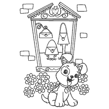 coloring page: Puppy Pie in front of a flower shop