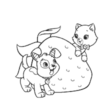coloring page: Coloring a puppy and a kitten next to a strawberry berry