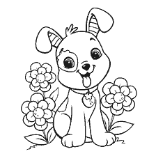 coloring page: Painting a puppy among flowers