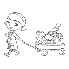 coloriage: Dr. Plusheva avec un chariot dans lequel ses amis de jouets s'assoient