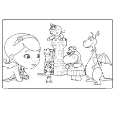 coloriage: Dr. Plusheva avec des amis : Princesse Lammy, Chevalier Sir Kirby et Dragon.