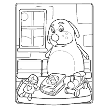 coloriage: Dessiner sur un livre de coloriage avec un chien gonflable Dr. Plusheva et des jouets