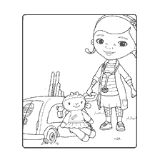 coloriage: Dr. Plusheva avec une machine médicale jouet et Lammy