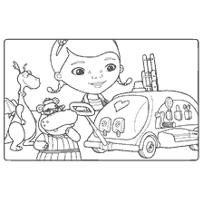 coloriage: La Dre Plusheva inspecte les jouets avec son sac à dos médical